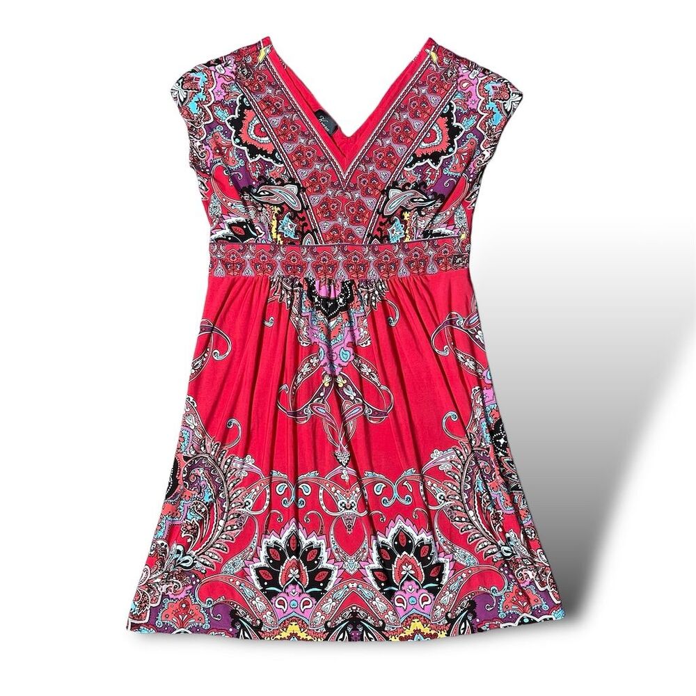 Kiara Red Print Sleeveless A-Line Dress XL Knee Length V-Neck